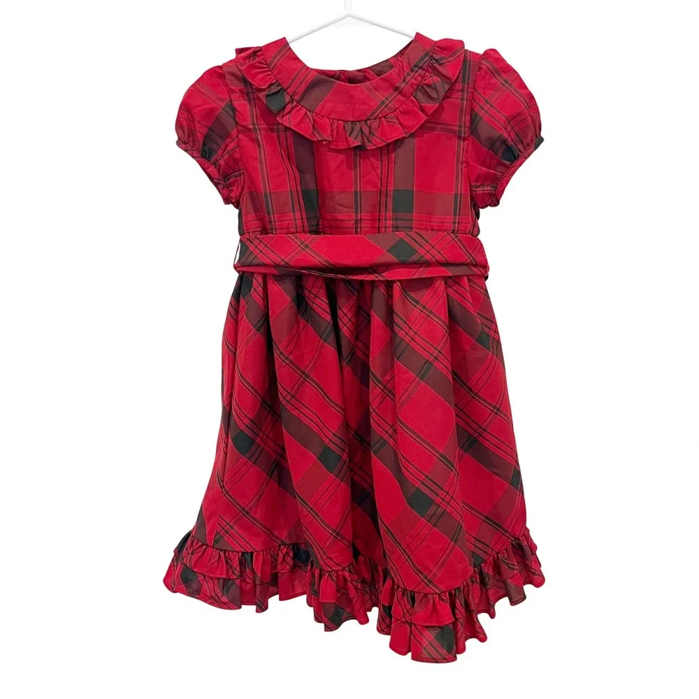 Ralph Lauren Girls Red Black Plaid Ruffle Holiday Dress Formal Size 24M